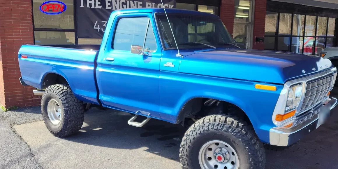Blue classic Ford truck outside The Engine Block in Danville, Virginia